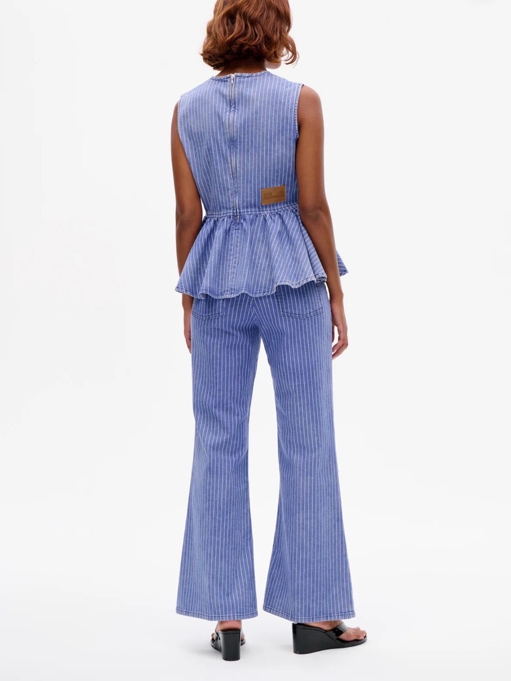 Baum und Pferdgarten Blue Pinstripe Peplum Top with Flared Jeans size 26 - Picture 5 of 5